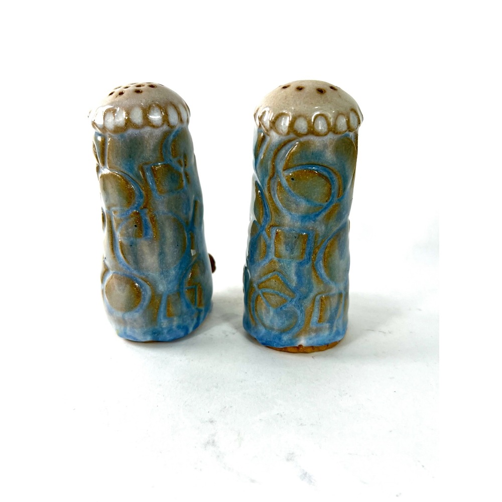 Graham Studio Pottery Salt and Pepper Shakers Blue Tan Glaze Textured Ceramic